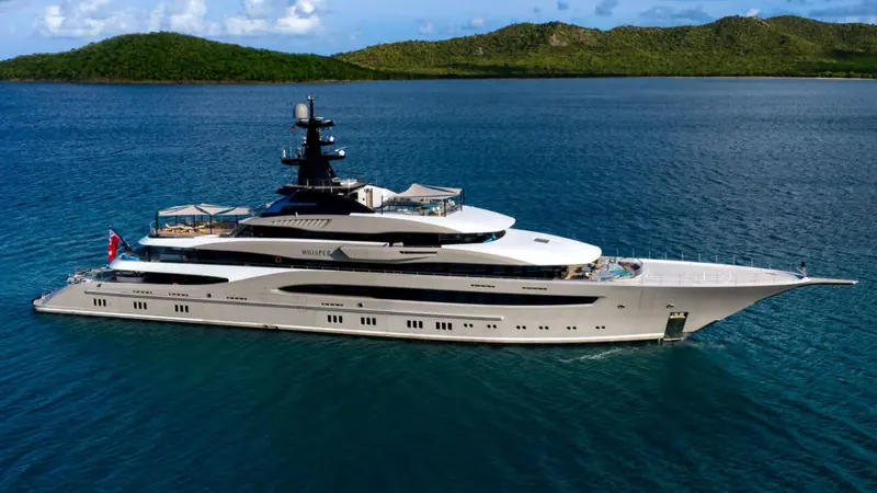 Whisper, the 95.2-metre Lurssen built in 2014 as Kismet for Shahid Khan, at anchor off a Caribbean island. She was renamed after Google co-founder Eric Schmidt reportedly bought her in September 2023.
