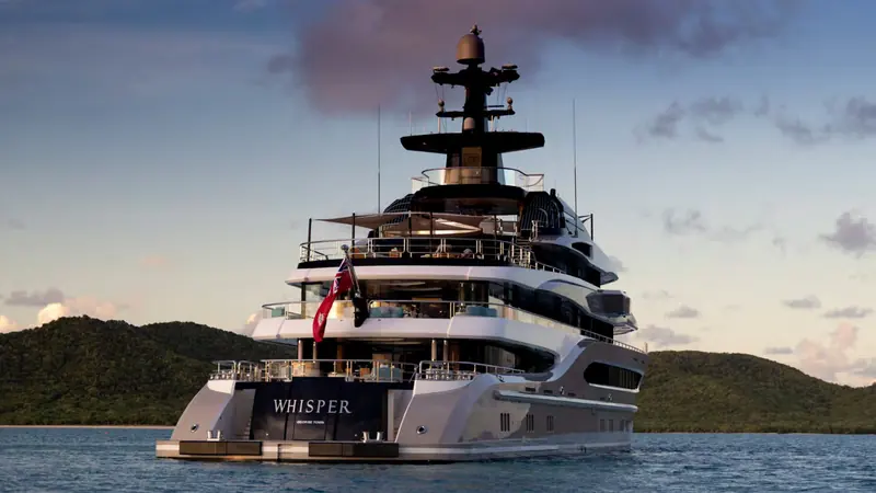 Whisper's transom carries her new name and George Town, Cayman Islands as port of registry. Broker Will Christie is now asking EUR 149,000,000 for the 2,928 GT yacht.