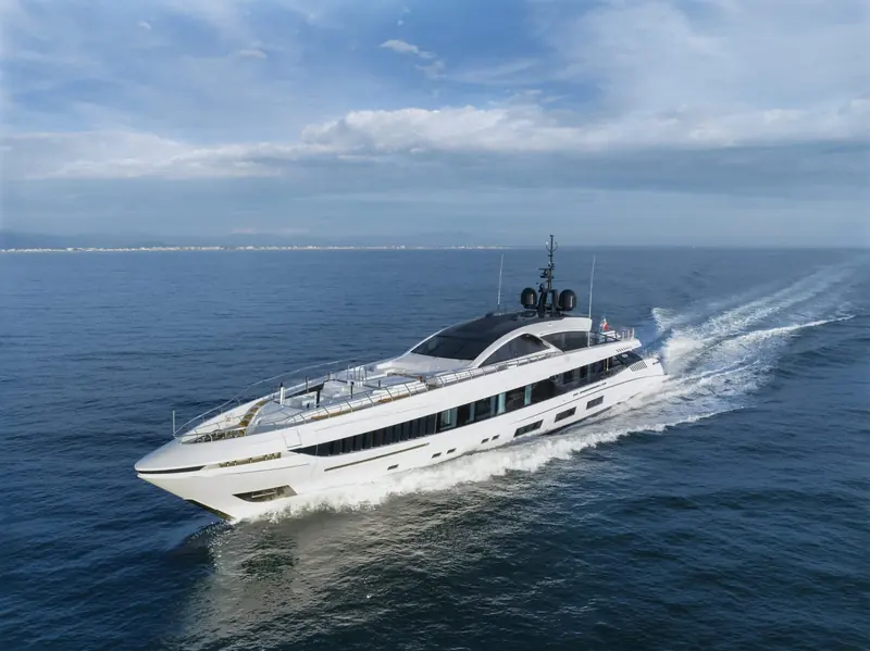 A Mangusta GranSport 54, the 499 GT aluminium line Overmarine has now delivered five times; the fifth hull, Betsy, was handed over in September 2026.