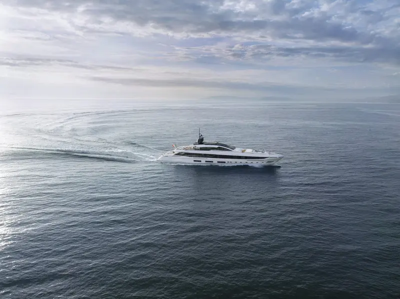 The GranSport 54's low, planing hull is designed by naval architect Pierluigi Ausonio for a 29-knot top speed on four MTU diesels.