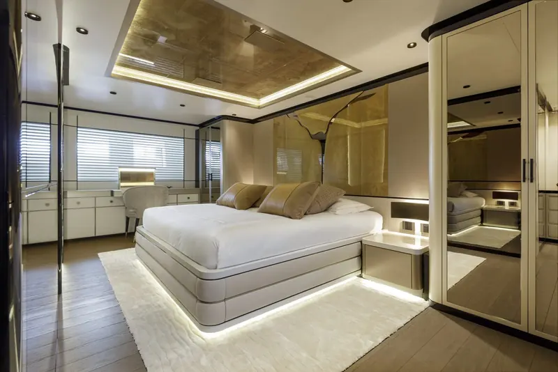 One of the five staterooms aboard a Mangusta GranSport 54, sleeping up to ten guests with nine crew aboard to run the boat.