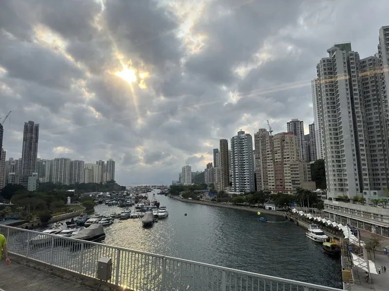 The Aberdeen West Typhoon Shelter, the channel between Aberdeen and Ap Lei Chau where the marina's berths and moorings ride out the summer typhoon season packed hull to hull with local boats.