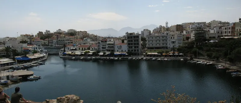 A panorama of Agios Nikolaos and its harbour basin, on the Gulf of Mirabello.
