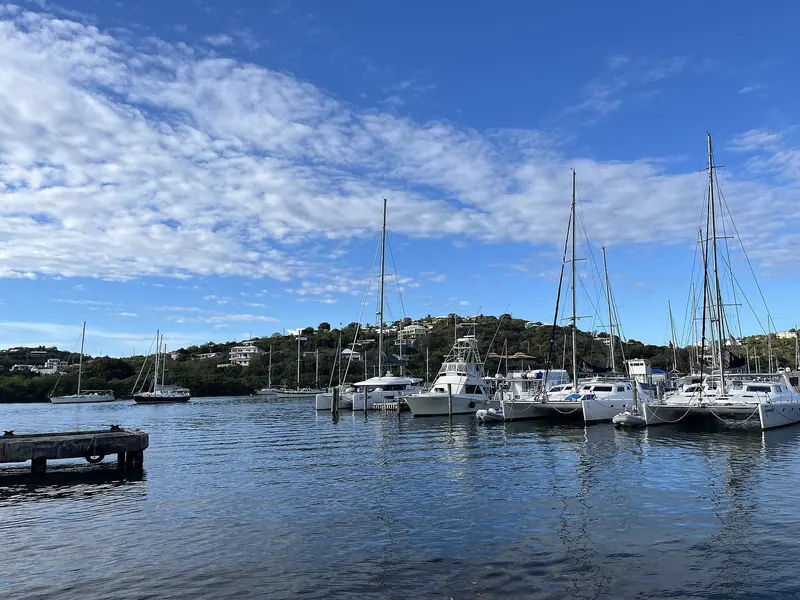 Catamarans and a sport-fisherman on the finger piers at Red Hook, with the East End hillside of St Thomas rising behind the anchorage.