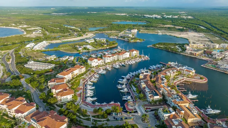 Marina Cap Cana from the air: the inland basin and canal system that make it the first protected, hurricane-safe inland marina in the Dominican Republic.
