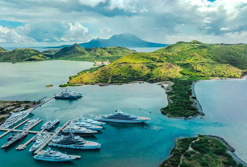 The marina from the air, with Nevis Peak across The Narrows in the background and the peninsula's scrub hills either side of the channel.