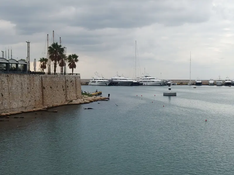 Motor yachts lie along Zea's stone breakwater behind the palm-lined quay, with the entrance channel and its buoyed fairway running out to the open bay.