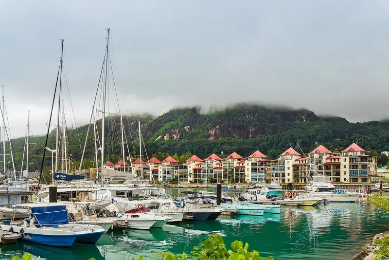 The marina basin with Eden Island's waterfront apartments rising directly behind the pontoons
