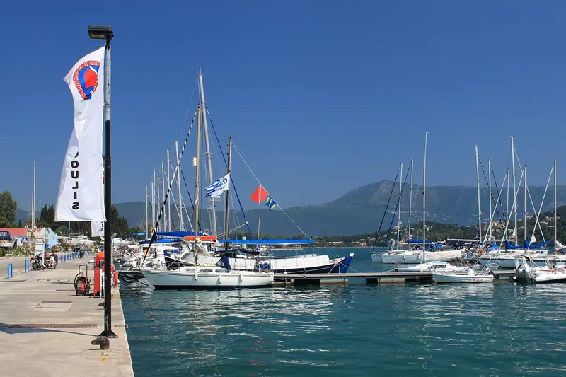 Gouvia Marina. The basin is large and flat and almost entirely sailing yachts, which is an accurate picture of what the place is for.