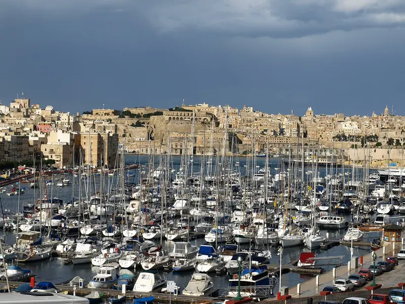 Cottonera Marina at Vittoriosa, the basin alongside Grand Harbour Marina, with Valletta behind it.