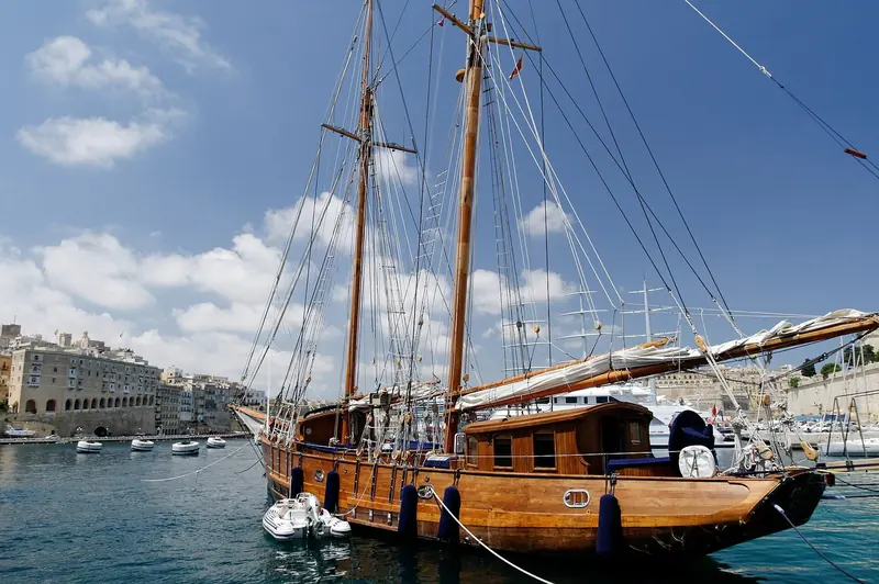 A traditional sailing yacht in Cottonera Marina at Vittoriosa.