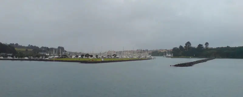 The marina seen from the south across the water on an overcast Hauraki Gulf day.