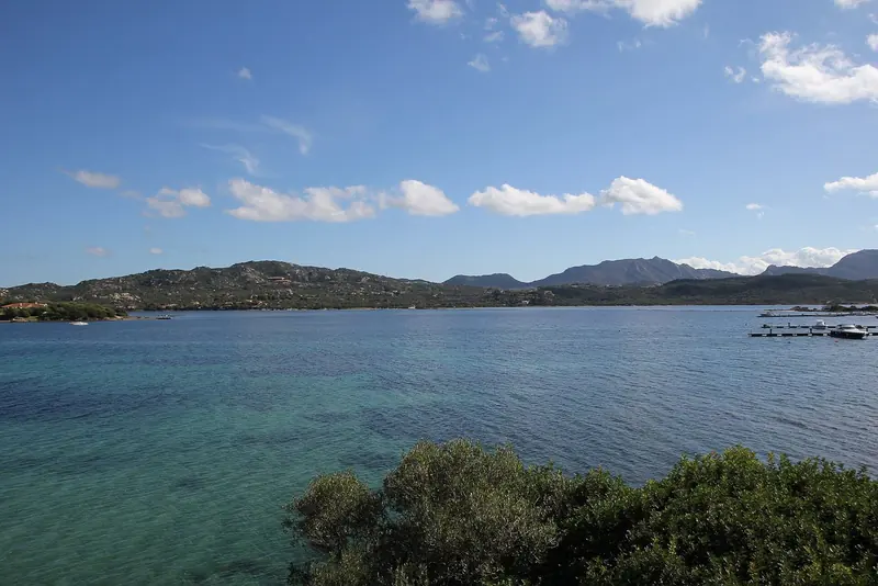 The Golfo di Cugnana's water, the bay IGY Portisco Marina occupies, seen from its northern shore looking back toward Porto Rotondo.