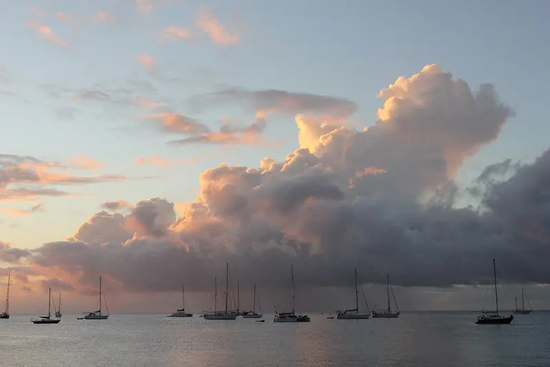 Yachts at anchor in Rodney Bay at last light. Most of this fleet is waiting out a weather window or avoiding marina fees rather than queuing for the ARC finish line a few hundred metres away.