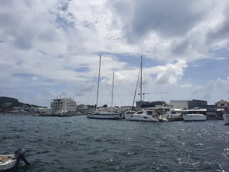 Simpson Bay Lagoon. The whole of this water is inside the bridge, which is what makes it the hurricane-season and refit hole of the eastern Caribbean.