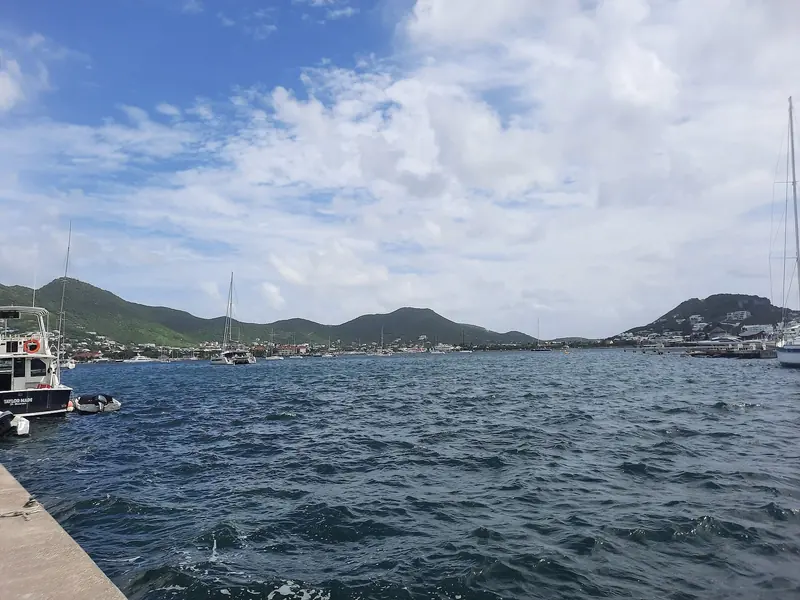 Looking across the lagoon to the hills. The Dutch side is to the south, the French side to the north, and the border runs through the water.