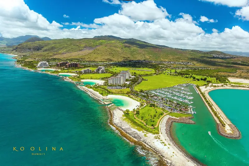 Ko Olina's marina basin, right of frame, alongside the resort's lagoons and hotel towers. This is the only full-service, deep-water marina on Oahu's leeward coast.