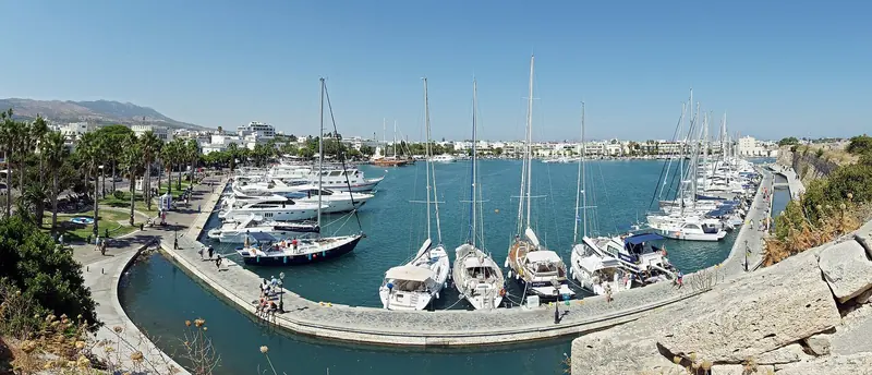 Kos's historic harbour beneath the Neratzia castle, a short walk from the marina itself.