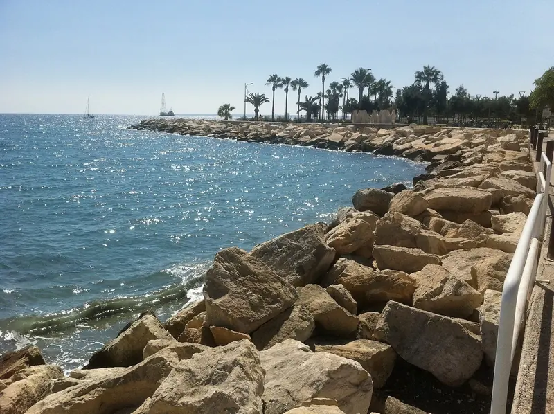 The rock armour of the outer breakwater runs out from the promenade, palms lining the walk that leads back toward the marina.