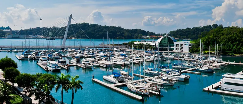 The marina basin on a clear day: motoryachts and sailboats along the pontoons, palm-lined promenade in front, the Keppel Bay Bridge and the marina's glass-domed clubhouse behind.