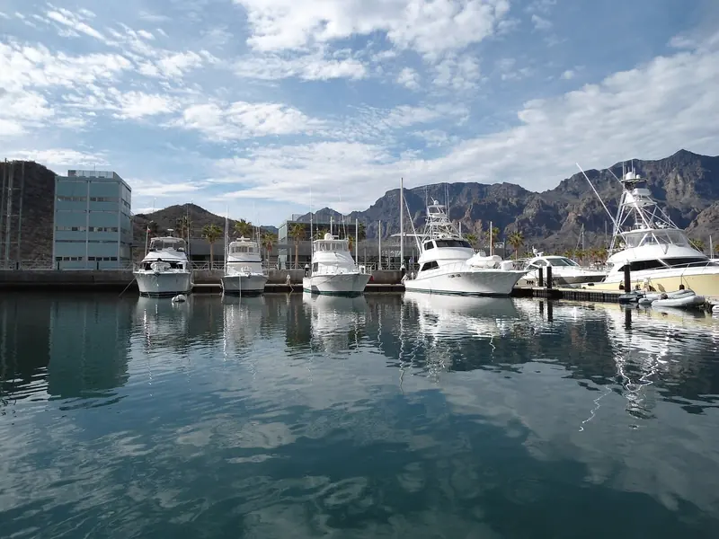 Sportfishers reflected at rest in the basin. The fleet based here fishes some of the best marlin water in the Pacific, and runs Bisbee's Black and Blue every October.