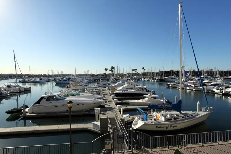 Sailboats and motor yachts at rest in one of Marina del Rey's eight lettered basins.
