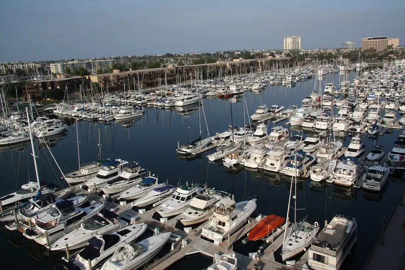 Rows of sailboats fill one of the harbour's basins, part of a total of more than 4,600 slips across the whole of Marina del Rey.