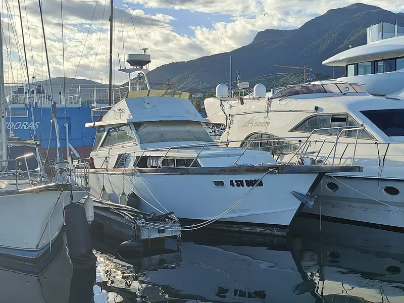 A 1970s-built yacht laid up at the marina awaiting scrapping, a reminder that not every berth here holds a boat still in season.