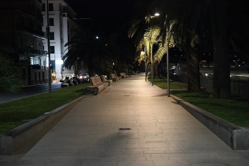 Varazze's Lungomare Europa promenade after dark, part of the 4.5 km cycling and pedestrian path toward Cogoleto.