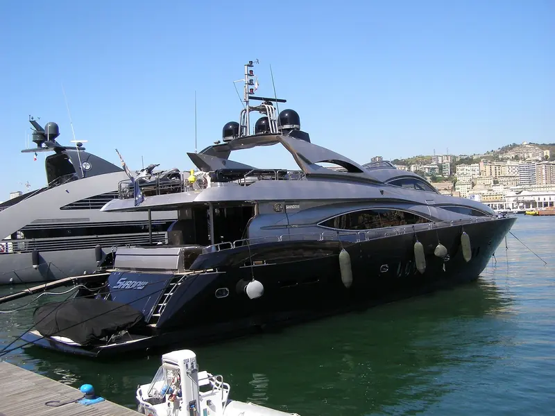 The motor yacht Shadow in the Porto Antico marina, the old-port basin in the middle of Genoa that is the city's other berth.