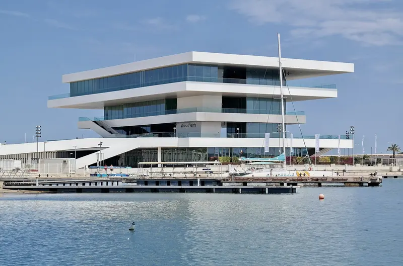 Veles e Vents, the America's Cup building David Chipperfield designed for the 2007 regatta, seen across the water at Marina Real Juan Carlos I.