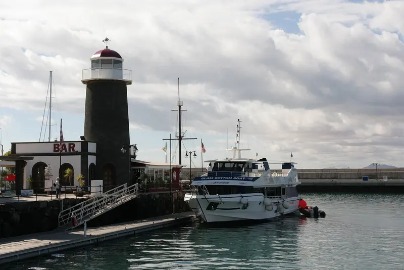 A working bar built into the base of the marina's own lighthouse tower.
