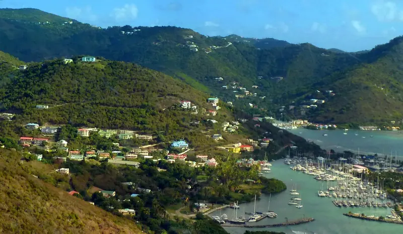 Nanny Cay marina seen from the hills above Sea Cow Bay, Tortola, hundreds of yachts packed into the sheltered inlet.