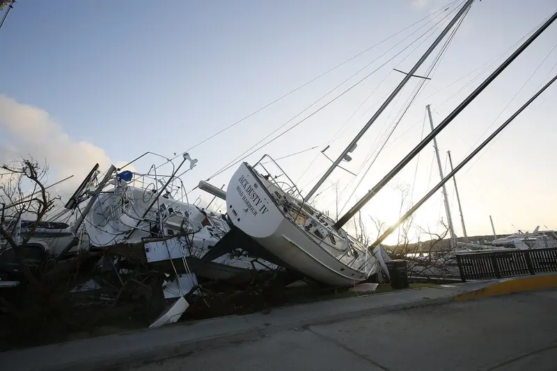 A sailboat driven onto the seawall at Nanny Cay marina after Hurricane Irma crossed Tortola on 6 September 2017.