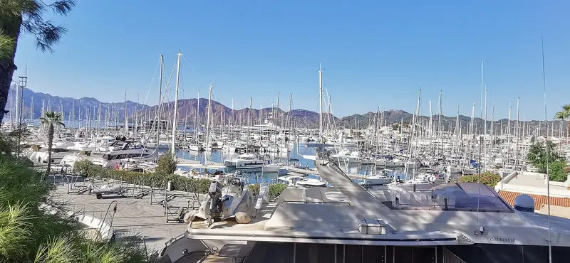 Netsel Marina at Marmaris, the pontoons running out from a hard standing that is as much of the business here as the berths are.