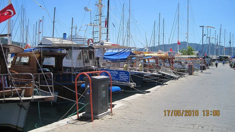 The quay at Netsel, with the town immediately behind it. You walk off the passerelle into Marmaris rather than into a car park.
