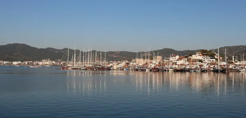 The bay at Marmaris. The town sits at the head of a long inlet, which is what gives the harbour its shelter.