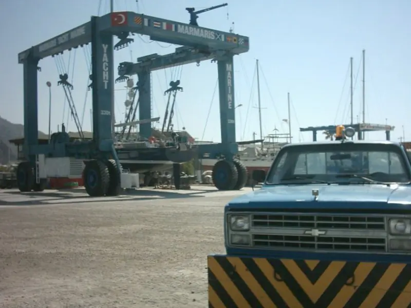 The travel lift and tow truck at the marina yard. Wintering and refit work is a large part of what Marmaris sells.