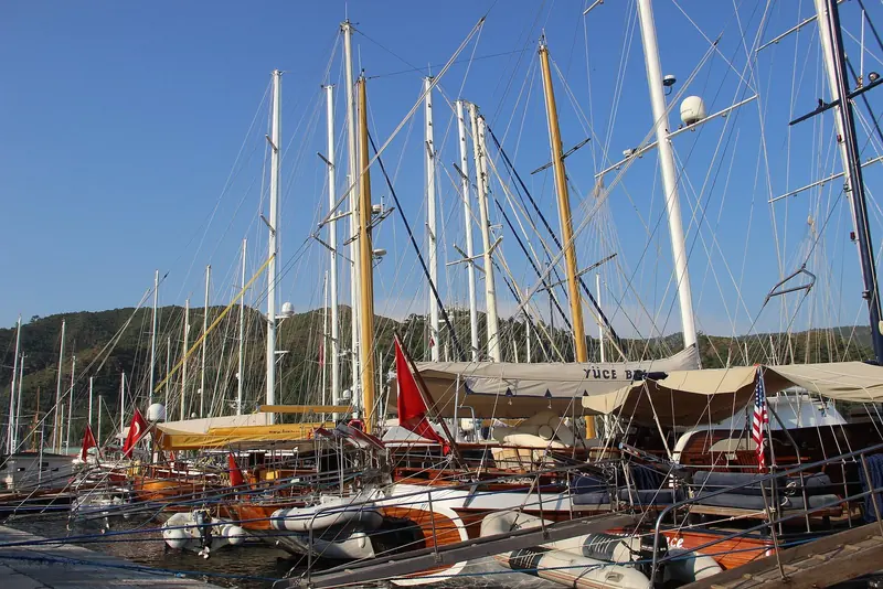 Masts in the basin. Traditional gulets berth alongside modern yachts here, and there are a lot of them.