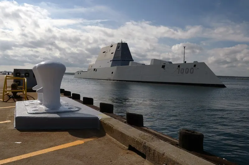 A warship alongside at Naval Station Newport. The Navy is still a presence in the harbour and it shapes what happens where.