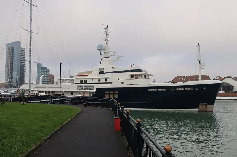 A superyacht alongside at Ocean Village. The marina's own published ceiling is 80 metres, though more than one independent source puts it at 90.