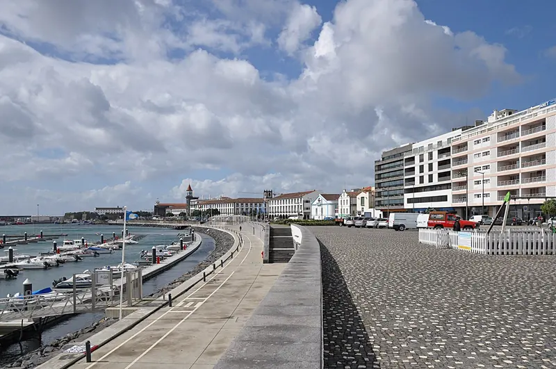 The marina promenade at Ponta Delgada. A short walk covers every chandlery, agent and cafe a crew needs before the next ocean leg.