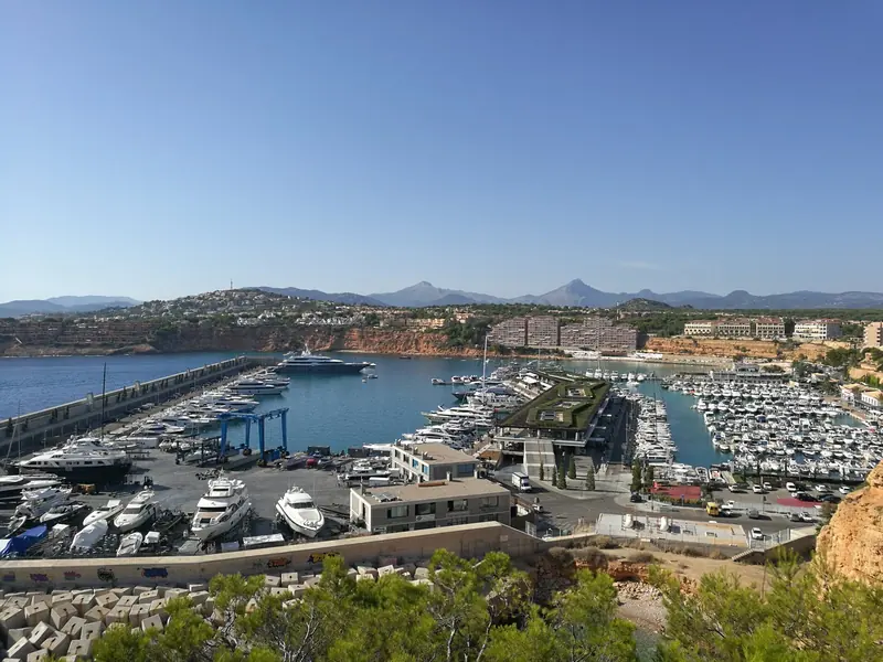 Port Adriano seen from the hill above it, the whole basin and its two arms in one view.