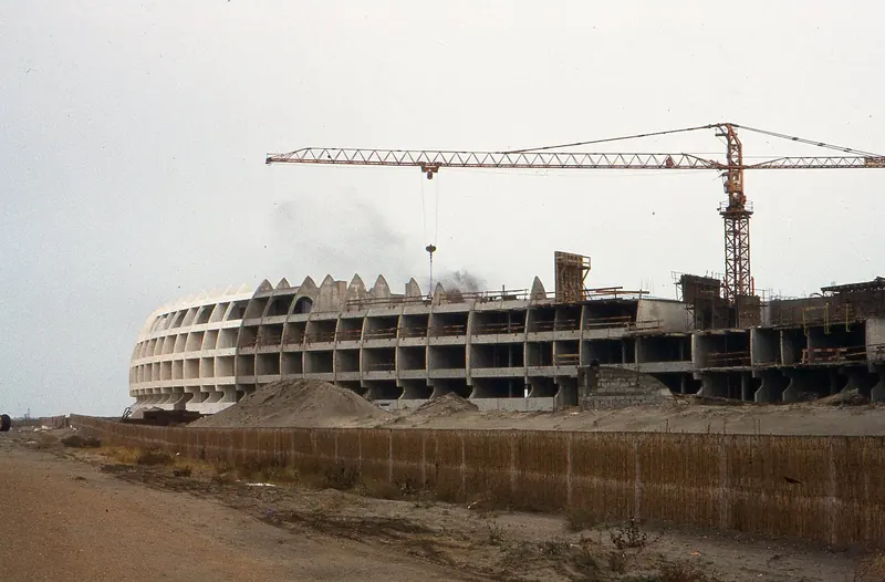La Lagune, one of Port Camargue's landmark scalloped-facade buildings, under construction circa 1980.