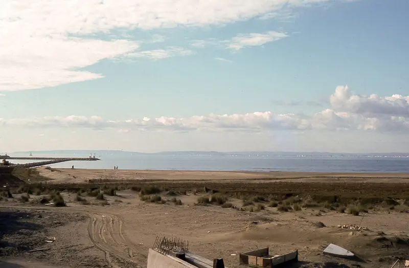 Plage de la Lagune in February 1980, sand dredged from the marshes to build the beach between La Fregate basin and the seafront promenade, before the resort's dunes took hold.