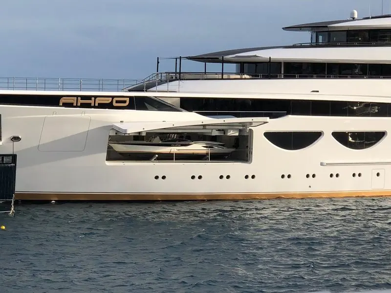 A tender garage open to the quay during the show, the part of a yacht owners rarely see from ashore.
