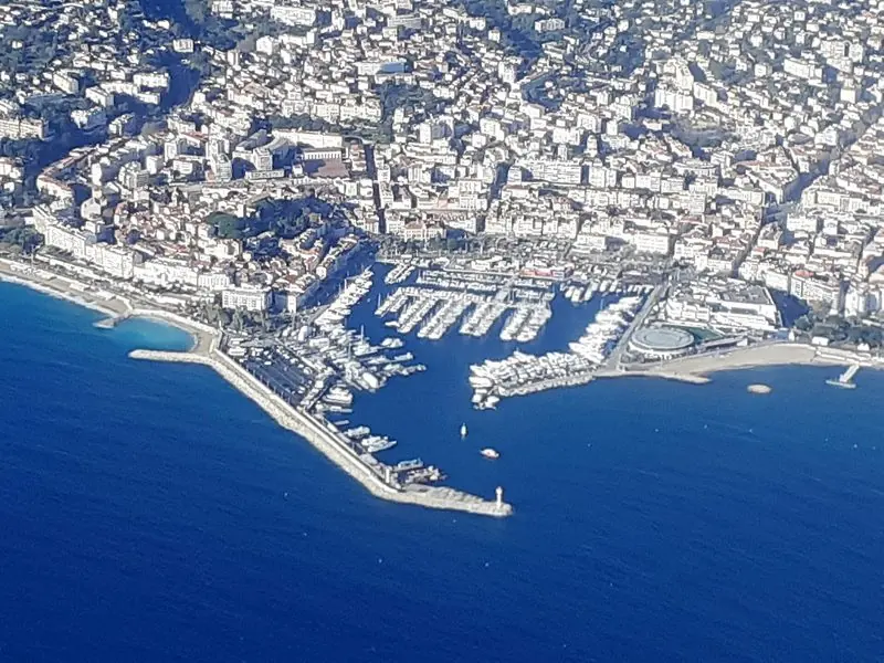 Antibes from the air, with Port Vauban filling the bay between the old town and Fort Carre.
