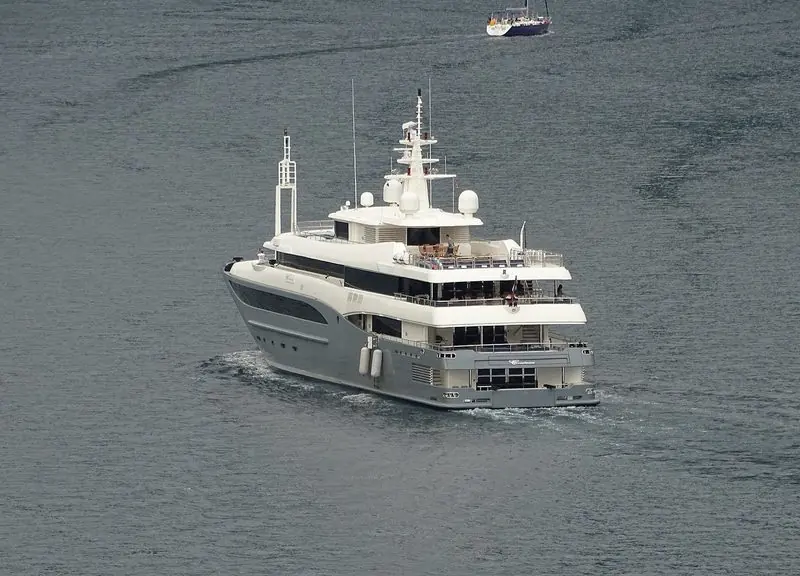 A superyacht moving up the Bay of Kotor towards Tivat.