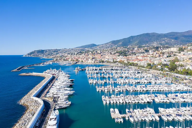 Portosole from the air, the long breakwater enclosing hundreds of berths on the Sanremo waterfront.