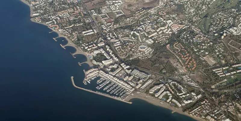 Puerto Banus from the air. The port is compact and hemmed in, which is why the berth mix is what it is.